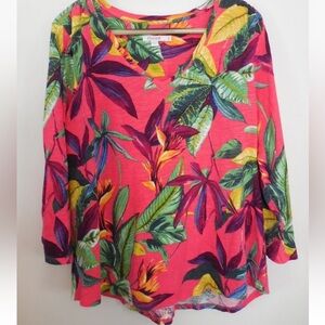 Chicos 3 or XL Floral Print Slub Tee Womens  Pink 3/4 Sleeve Tropical Stretchy